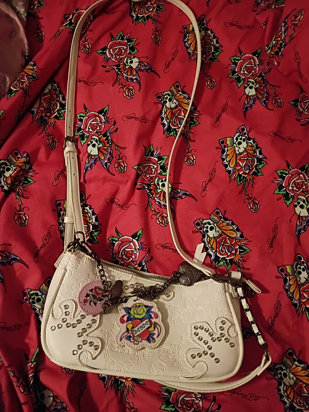 Ed Hardy Cream Embossed Crossbody Bag with Studs & Charms
